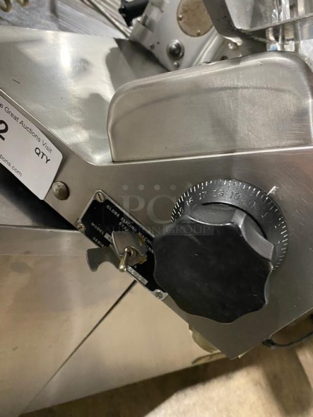 Globe Model 50 stainless steel deli meat slicer, serial 626679, heavy duty, excellent condition, marked control knob.