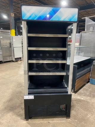 Avantco 189BVAC36HC refrigerated display case, 5 shelves, open front, serial ATRAPEX20180809A18, commercial use.