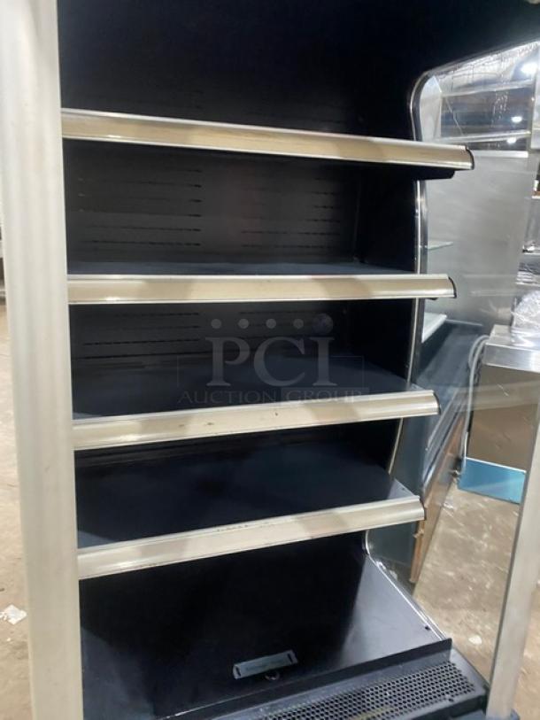 Avantco Commercial Open Refrigerated Display Case, Model 189BVAC36HC, four shelves, stainless steel frame, excellent condition.