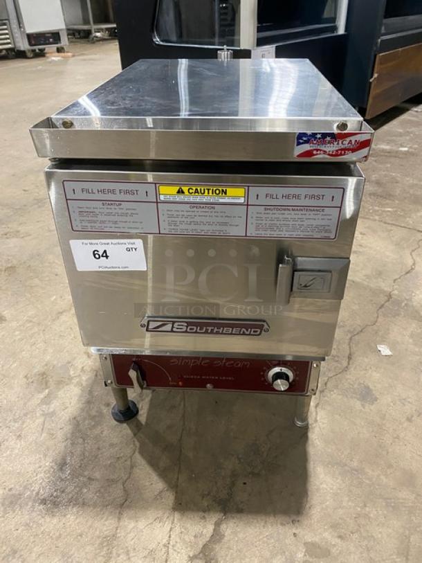 Southbend Model EZ3 stainless steel countertop electric steamer, 208V 3Phase, leg-mounted, with caution and operation labels.