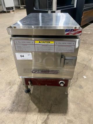 Southbend Model EZ3 stainless steel countertop electric steamer, 208V 3Phase, leg-mounted, with caution and operation labels.