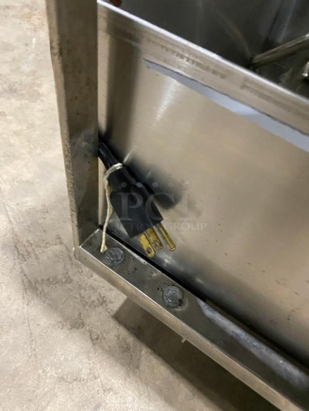 Pitco Frialator Model P18 75 LB portable fryer oil filter machine, stainless steel, 115V 1Phase, shown with power cord.