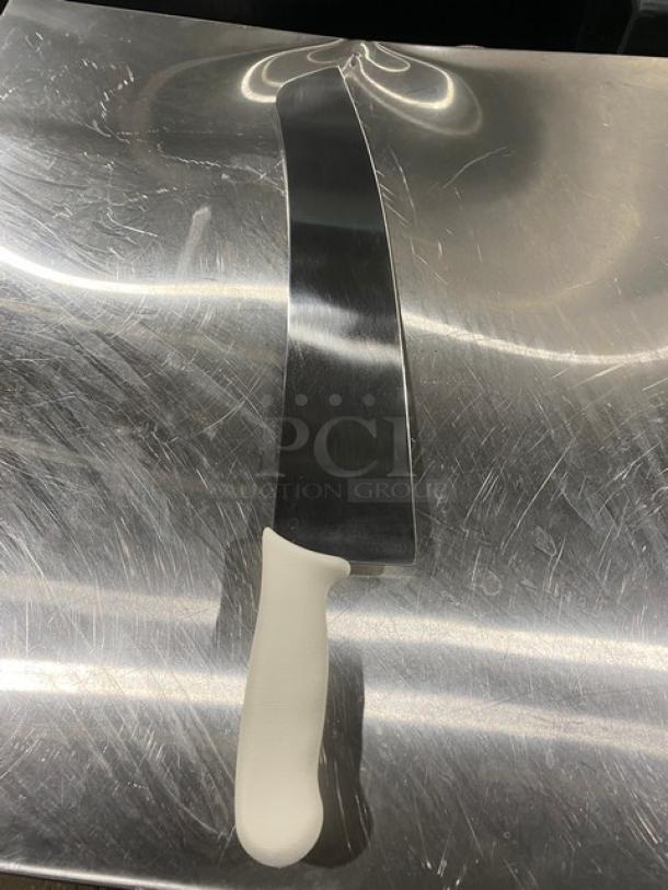 Dexter Russell Sani-Safe 16" pizza knife, model S160-16, with stainless steel blade and white grip handle, excellent condition.