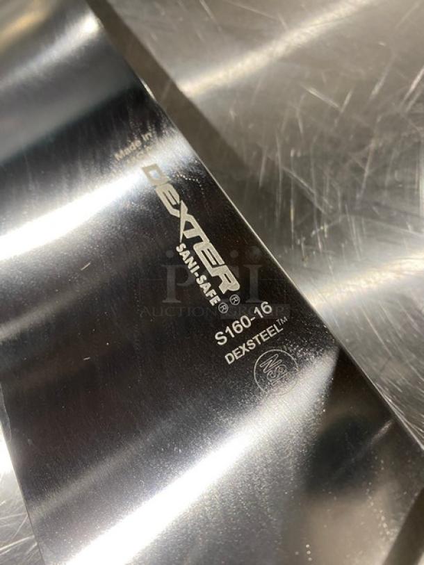 Dexter Russell Sani-Safe 16" pizza knife, S160-16 model, stainless steel blade, white grip handle, marked "DEXSTEEL".
