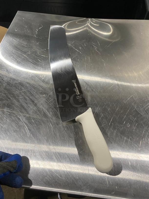 Dexter Russell Sani-Safe 16" pizza knife, model S160-16, stainless steel blade, white grip handle, commercial use.