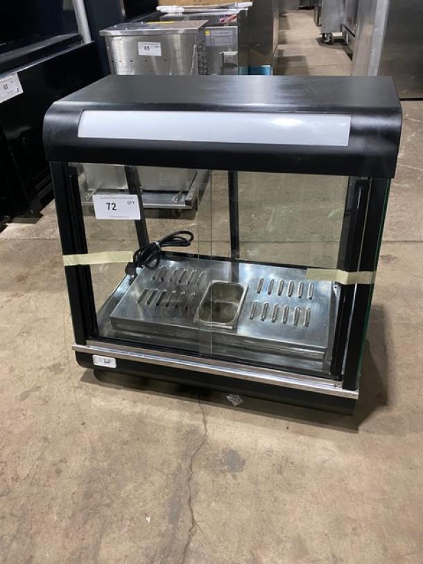 Commercial countertop warming food display case, model FW22, glass showcase with 2 sliding rear doors, 110V 1 Phase.