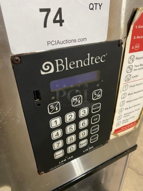 Blendtec commercial countertop blender with ice dispenser, digital controls, all stainless steel, 120V, auction tag.
