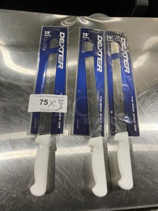 Dexter 12" scalloped slicing knives in packaging, set of 3, new condition, white handles, visible brand name.
