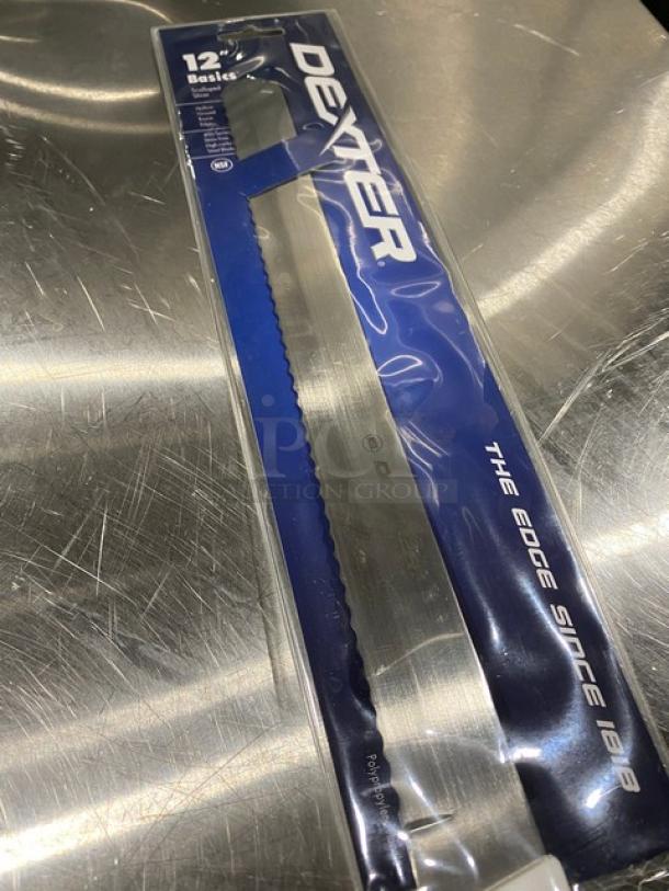 Dexter 12" scalloped slicing knife in packaging, new condition, branded "Dexter" on the label.