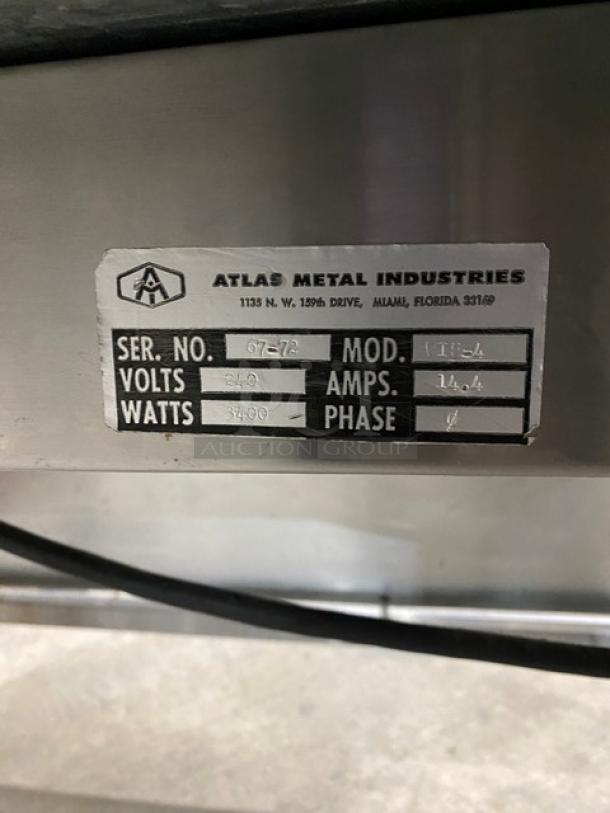Atlas Metal VIH4 4 Bay Steam Table with sneeze guard, prep line, serial n6772, 240V, on casters, label shown.