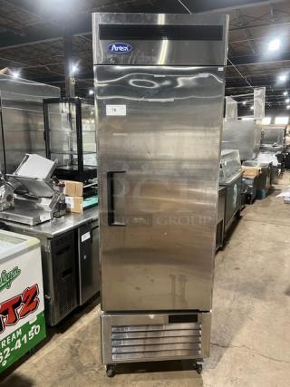 Atosa MBF8501GR Commercial Single Door Reach In Freezer, stainless steel, poly coated racks, on casters, 115V, Model MBF8501GR.