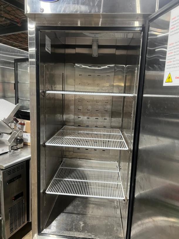 Atosa Commercial Single Door Reach-In Freezer, stainless steel, poly-coated racks, model MBF8501GR, on casters, 115V 1Phase.