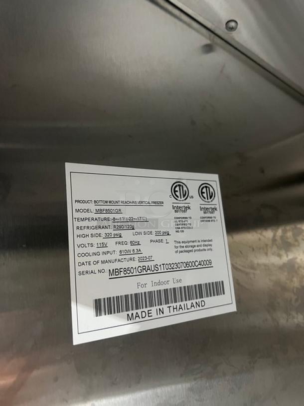 Atosa MBF8501GR single door commercial freezer with poly coated racks, stainless steel, on casters, 115V, 1-phase. Serial: MBF8501GRAUS1T0323070600C40009.