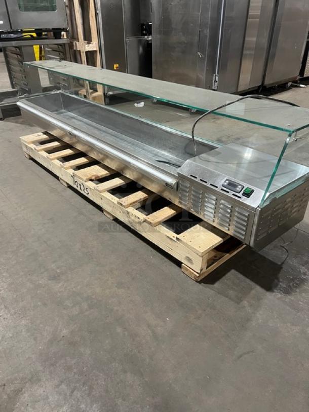 Stainless steel refrigerated cold rail with sneeze guard, Model GPZ225AETL, glass top, 110/115V, 1 Phase, used condition.