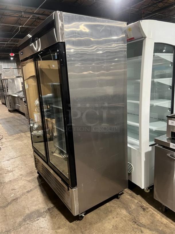 2018 Atosa MCF8703GR 2-door commercial freezer with view-through doors, poly-coated racks, on casters, 115V 1-phase.