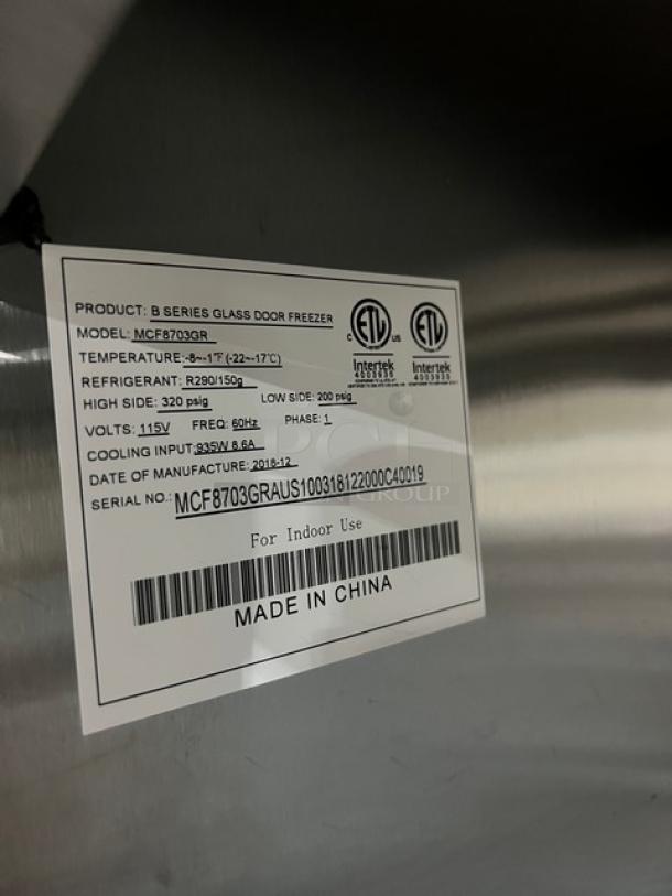 2018 Atosa 2-Door Reach-In Freezer, Model MCF8703GR, with view-through doors, poly-coated racks, serial MCF8703GRAUS100318122000C40019.