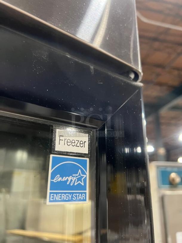 2018 Atosa MCF8703GR Freezer Merchandiser with view-through doors, poly-coated racks, Energy Star rated, on casters.
