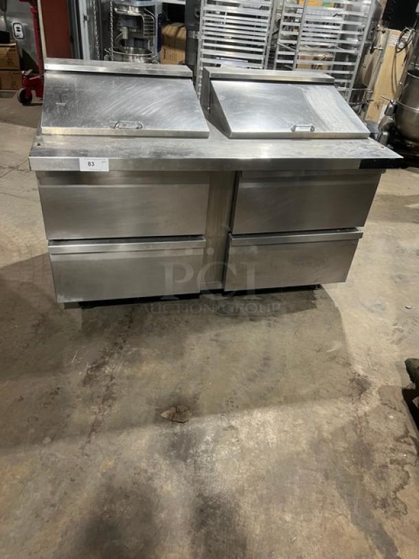 Continental SW6024M refrigerated prep table, stainless steel, 4 drawers, mega top, on casters, model SW6024M, serial 151A9506.