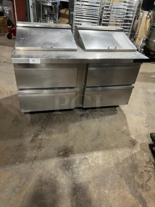 Continental SW6024M refrigerated prep table, stainless steel, 4 drawers, mega top, on casters, model SW6024M, serial 151A9506.