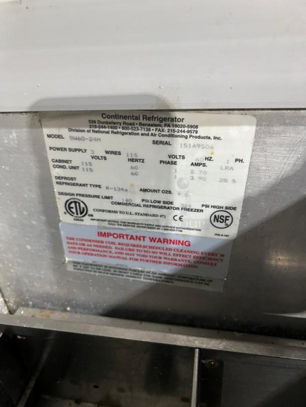 Continental Refrigerated Mega Top Sandwich Prep Table, Model SW6024M, Serial 151A9506, 115V, 1 Phase, on casters.