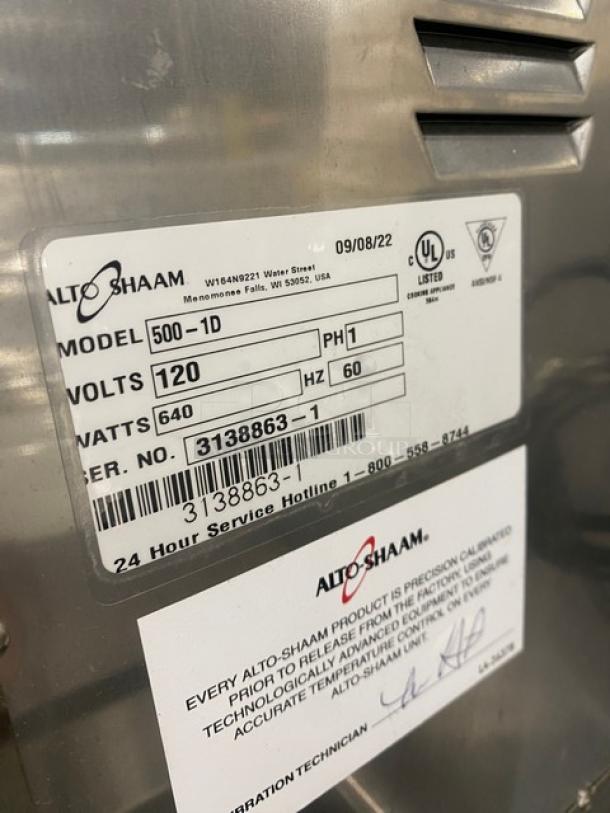 Alto Shaam Model 5001D stainless steel food warming drawer with labels, 120V, 1 Phase, Serial 3138863-1.