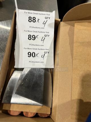 Dexter 4" Stiff Griddle Scrapper Model 5254. Includes four scrappers with wooden handles in a cardboard box. Quantity labels visible.