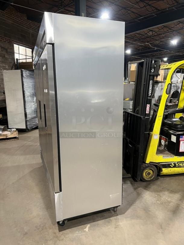 True T72HC Commercial 3-Door Reach-In Refrigerator, all stainless steel, on casters, Model T72HC, Serial 9346812.