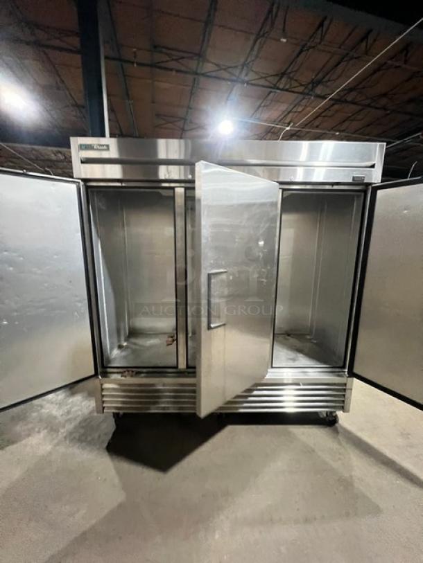 True Commercial 3 Door Stainless Steel Refrigerator Model T72HC, Serial 9346812, on casters, open doors, 115V 1Phase.