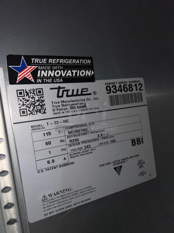 True Commercial 3 Door Refrigerator, Model T72HC, Serial 9346812, stainless steel, 115V, on commercial casters, USA made.
