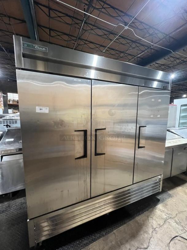 True T72HC commercial 3-door reach-in refrigerator, all stainless steel, model T72HC 115V, on commercial casters.