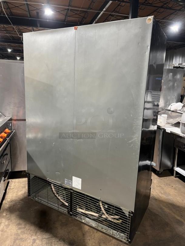 Imbera VRD43 commercial 2-door reach-in refrigerator with sliding view-through doors, 115V, shown from the back.