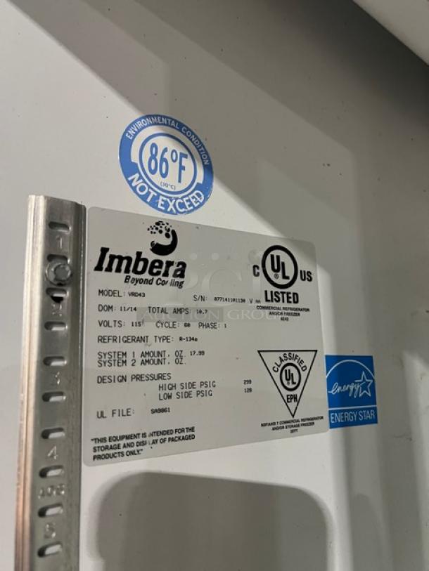 Imbera VRD43 commercial refrigerator label showing model, serial number, UL certification, and energy efficiency sticker.