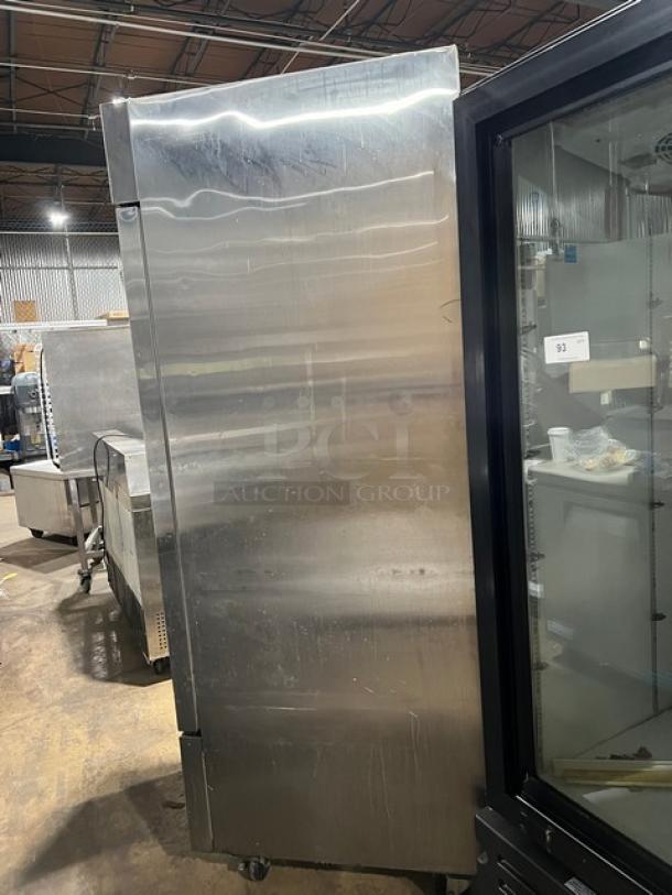 Grista Commercial Single Door Reach In Refrigerator, Model GRRF1D, stainless steel, with poly-coated racks, 115V, visible wear.