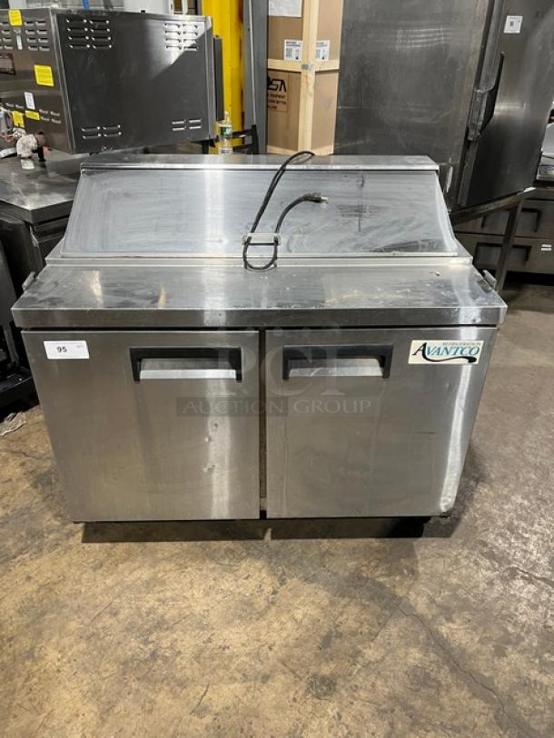 Avantco commercial refrigerated prep table, stainless steel, 2-door storage, 115V, good condition.