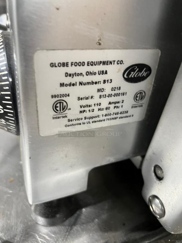 Globe S13 deli meat slicer, 13" blade, stainless steel, model S13, serial S13-00-000161, 110V, 1-phase, commercial-grade.
