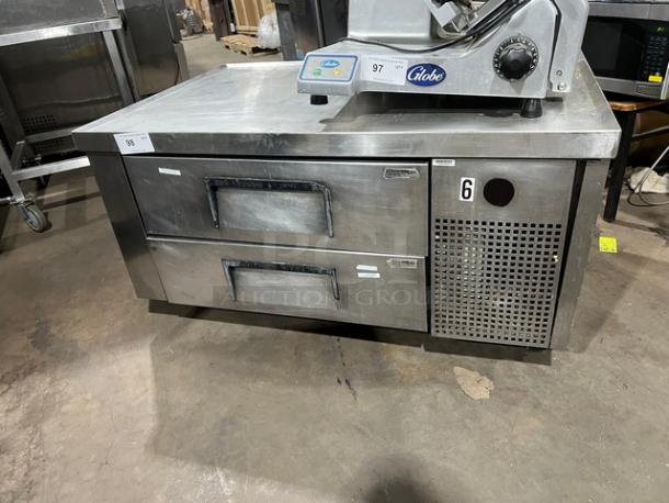 True TRCB48 stainless steel chef base with 2 drawers, serial 5218432, 48" width, 115V 1Phase, on commercial casters.