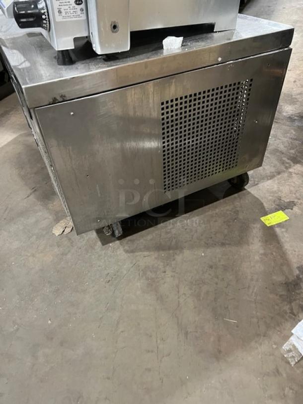 True TRCB48 refrigerated chef base, 48" stainless steel, 2 drawers, commercial casters, serial 5218432, 115V 1Phase.