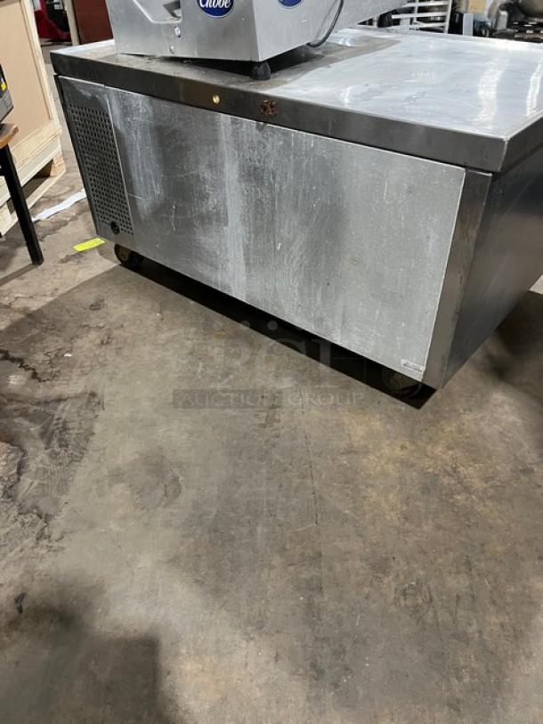 True TRCB48 commercial chef base with two under-drawer storage. Stainless steel, 48", serial 5218432, 115V, on casters.