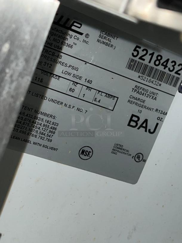 True Commercial Refrigerated 48" Chef Base, Model TRCB48, Serial 5218432, stainless steel, 2 drawers, 115V, on casters.