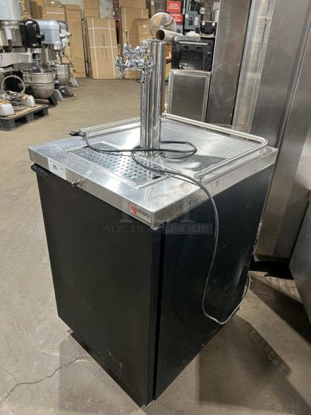 Micro Matic MDD-23 kegerator with stainless steel worktop, single tower, triple tap dispenser, 115V, in a commercial setting.