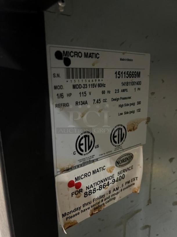 Micro Matic MDD-23 kegerator label showing serial 15115669M, 115V, 1-phase details, and ETL certification.