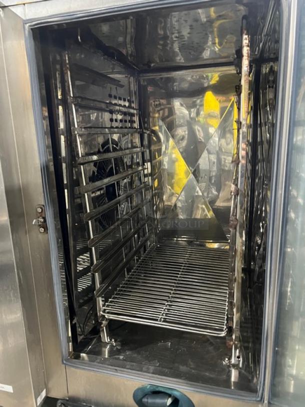 Rational SCC101G gas combi oven, stainless steel, with view-through door on equipment stand. Model SCC101G, Serial G11SE070821115.