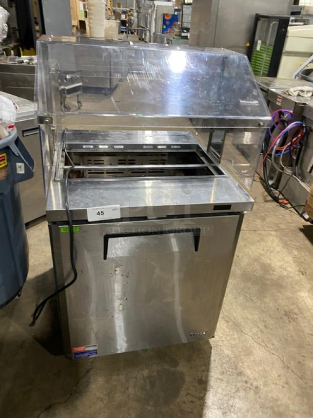 Turbo Air MST28N711S stainless steel refrigerated prep table with sneeze guard and poly-coated rack, 115V, good condition.