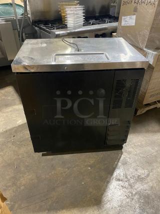 Beverage-Air DD36HC-1-B kegerator, black powder coat, stainless steel worktop, drip tray, single door, model SN: 12305432.