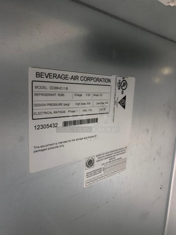 Beverage-Air DD36HC1B kegerator tag showing model, SN 12305432, 115V, Phase 1, refrigerant R290 details.