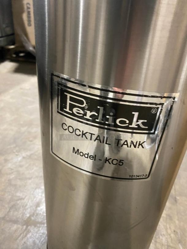 Perlick Model KC5 cocktail tank, stainless steel, 5 gal. Includes N-2 cylinder, Aquatec pump. Label shows brand and model.
