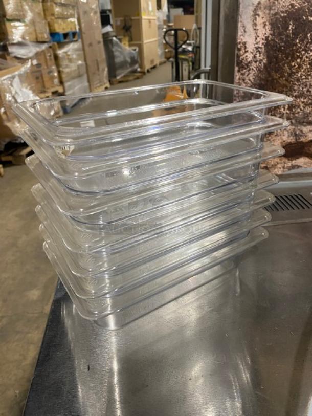 Cambro commercial clear polycarbonate 1/4-size food pans, model 42CW135, 2.5" deep. New condition, set of eight.