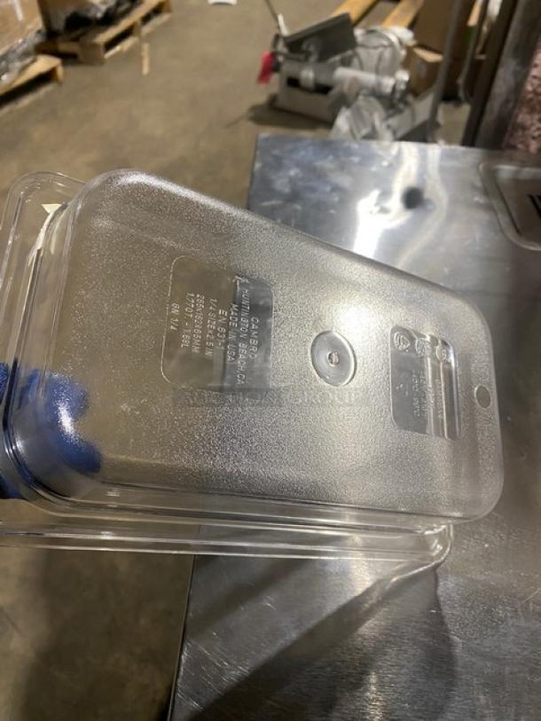 NEW Cambro 1/4-Size Clear Polycarbonate Food Pan, Model 42CW135, 2.5" deep, visible labeling for commercial use.