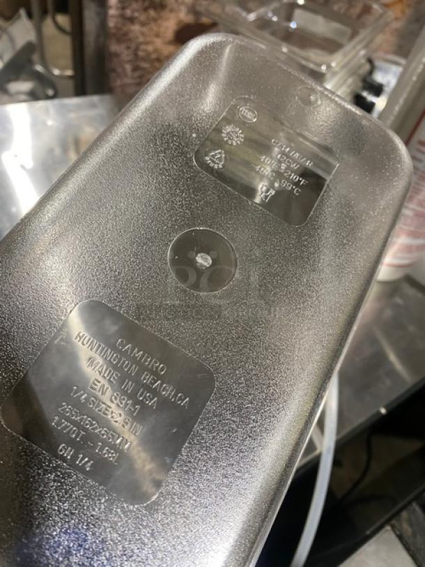 New Cambro 42CW135 clear polycarbonate 1/4-size food pan, 2.5" deep. Made in USA. Suitable for temperatures -40°F to 210°F. Durable and versatile.