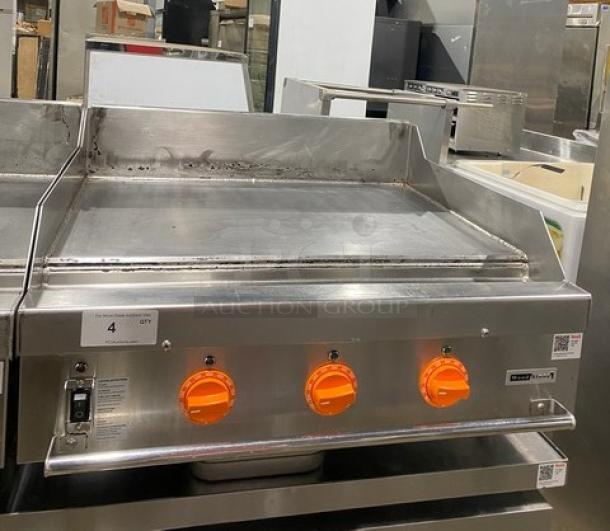 Woodstone WSGPL3636CT01NG 36" stainless steel flat griddle, natural gas, with back and side splashes. Model and serial labels visible.